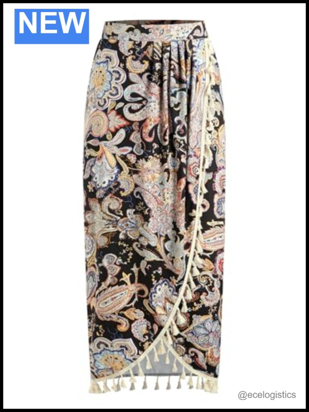 Boho High Waist Maxi Skirt Side Slit Asymmetrical Ruched Tassel